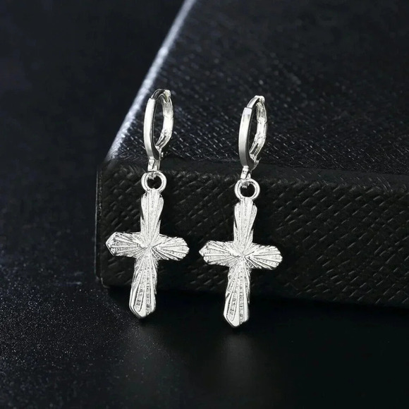 925 Sterling Silver Cross Hoop Drop Earrings - Picture 1 of 3